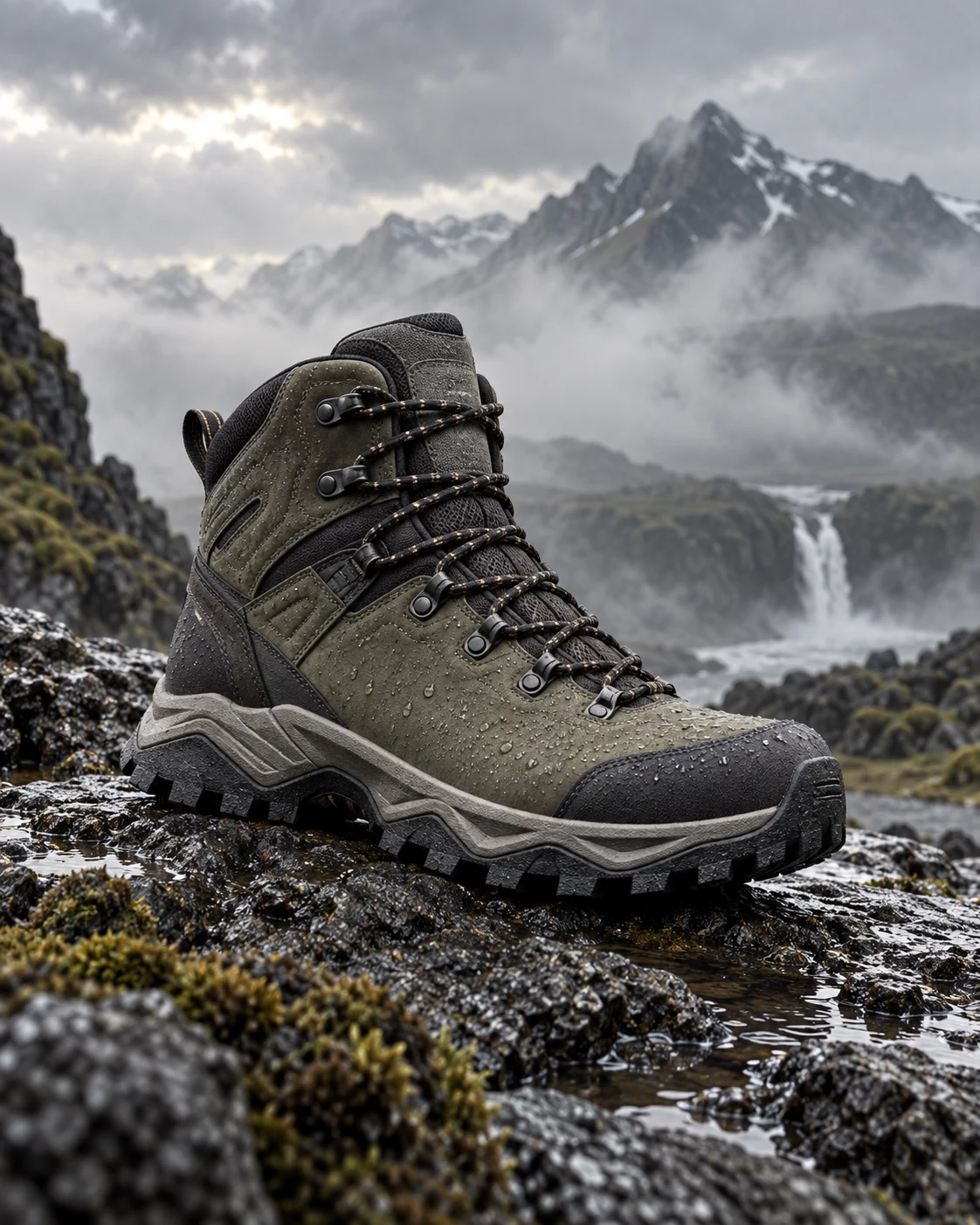 Technical hiking boot in a mountain landscape